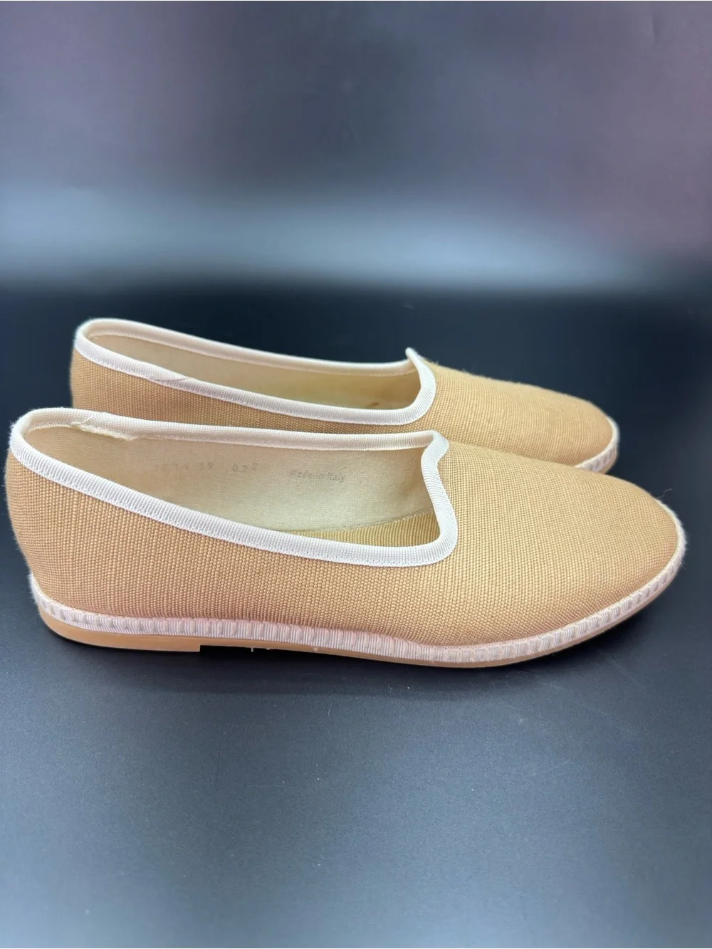 ITALEAU Women's Tan Canvas Espadrille Slip-Ons with Ivory Trim